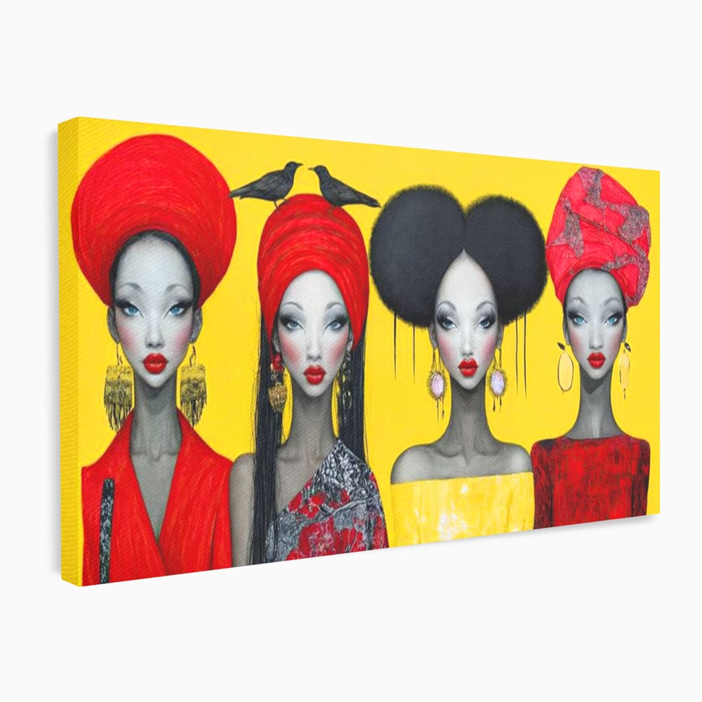 Tablou canvas cu ilustratie canvas cu patru femei stilizate, fara rama, pe sasiu de lemn